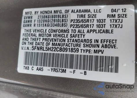 2012 Honda Odyssey Lx из США, поврежденный, VIN 5FNRL5H22CB091859